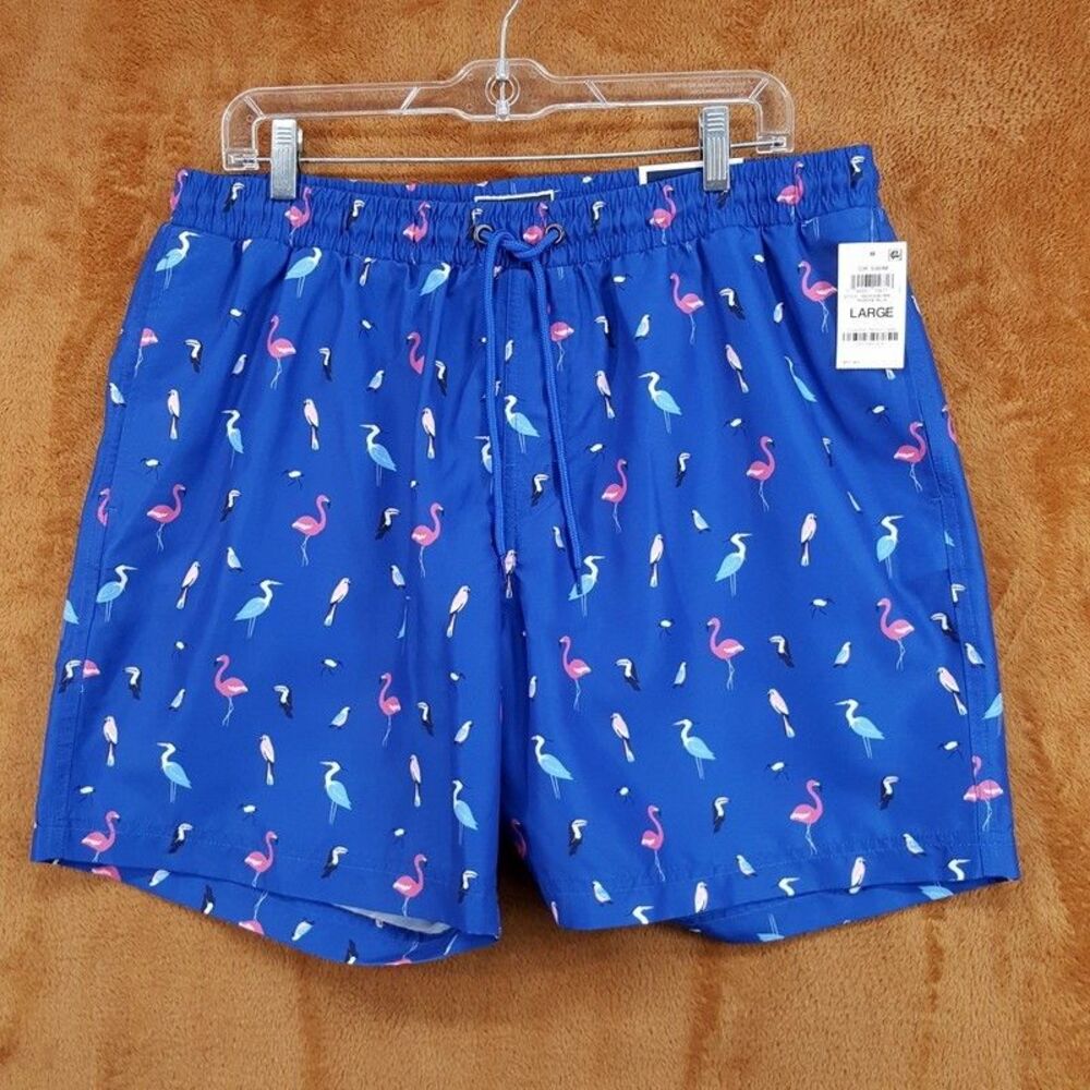 CLUB ROOM Swim Trunks Large Blue Flamingo Graphic Drawstring Quick Dry 7"